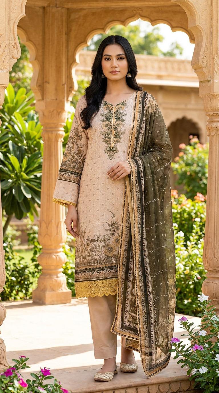 Blush printed lawn three piece suit with olive embroidered dupatta