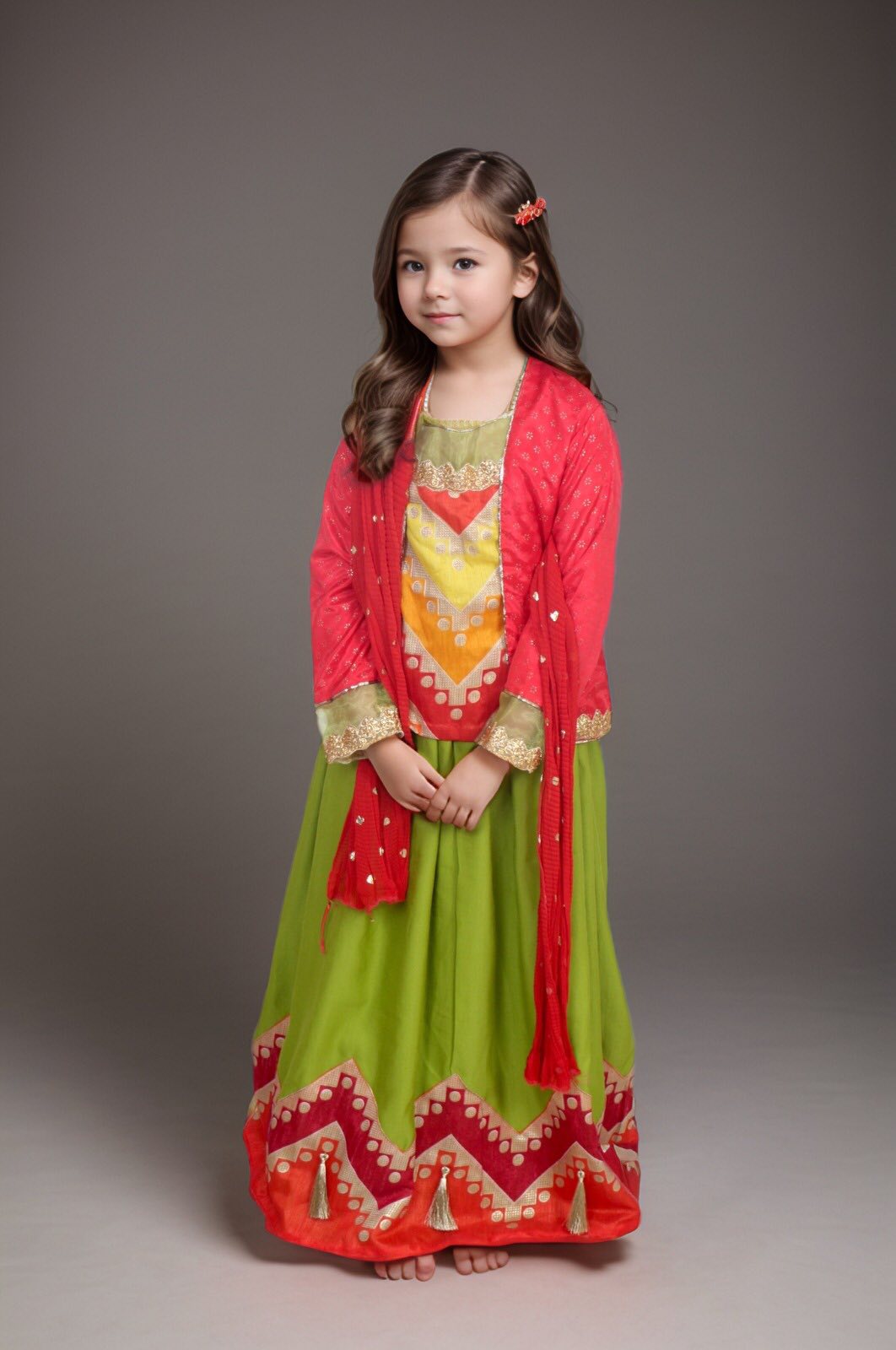 Girl wearing a green and red festive lehenga with dupatta
