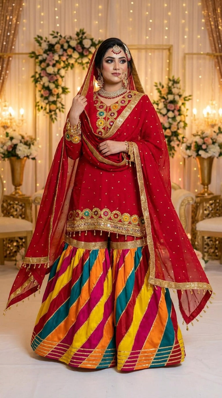 Red bridal gharara with gold embroidery and multicolour panelled skirt