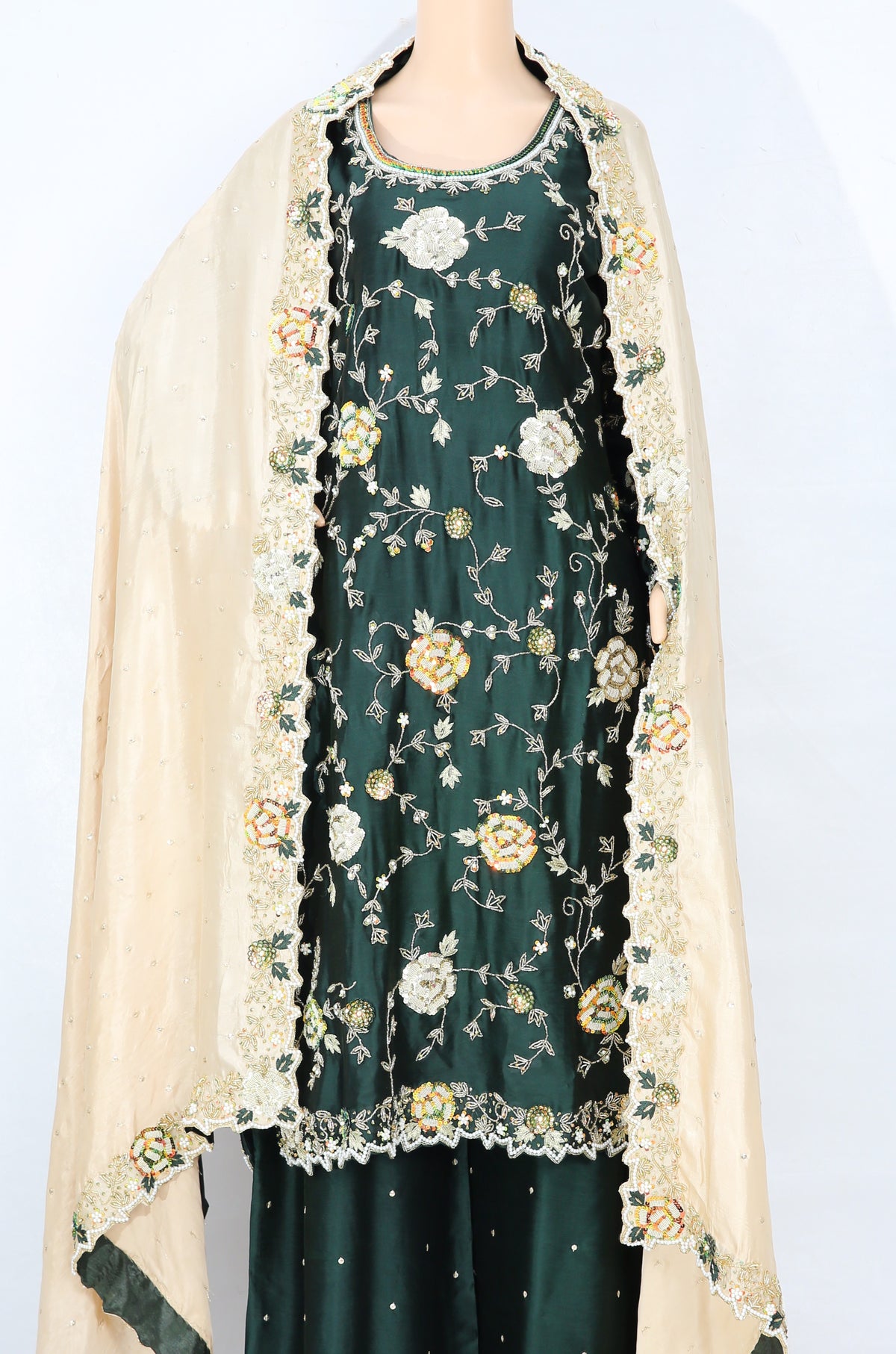 Bottle Green Pure Sheesha Silk Suit with Heavy Hand Work and Kali Plazo KF-1026