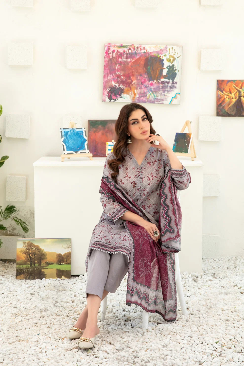 3pcs Stitched Printed Chamki Lawn KF-1224