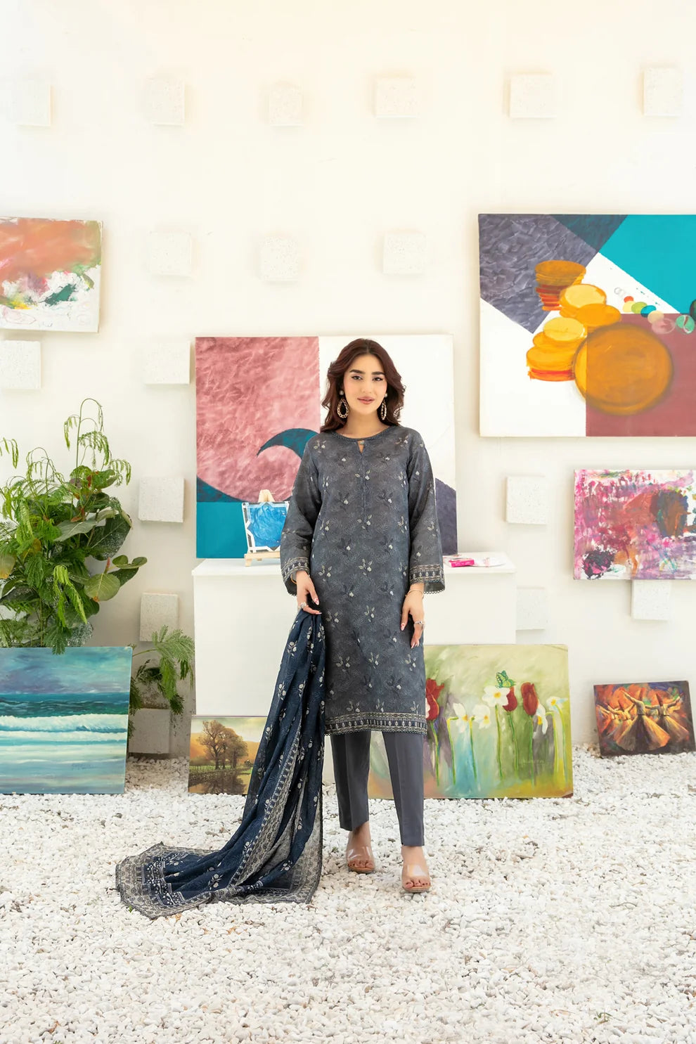 3pcs Stitched Printed Chamki Lawn KF-1220
