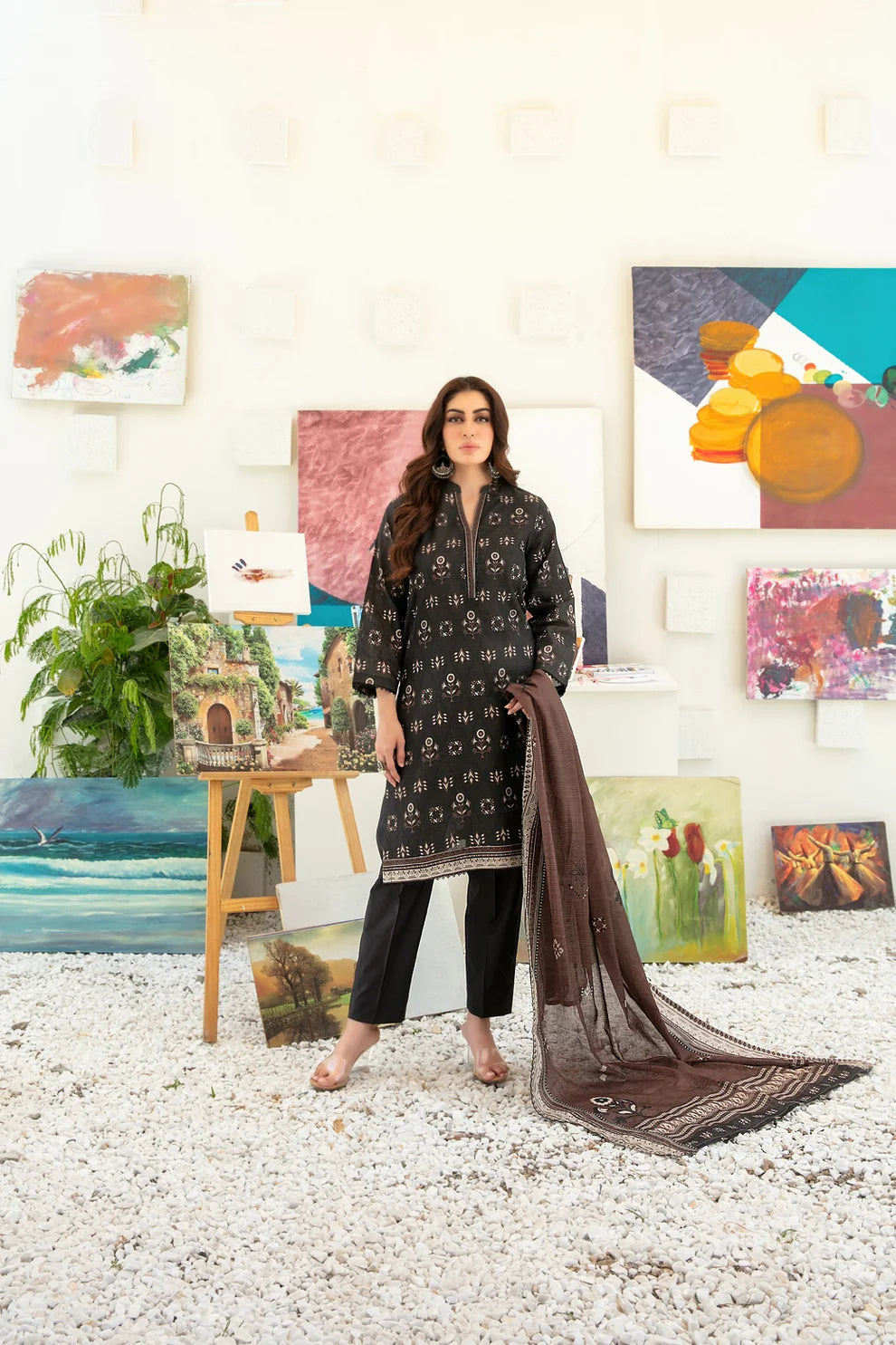 Tawakkal Black Digital Print Chamki Lawn Stitched 3 Piece Suit KF-1203