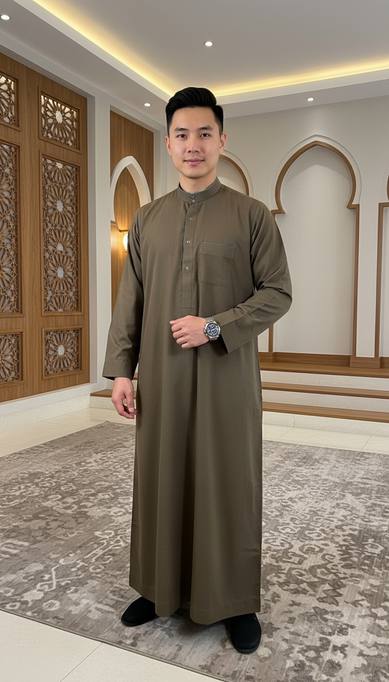 Men's Dark Taupe Thobe with Mandarin Collar, Thawb-024