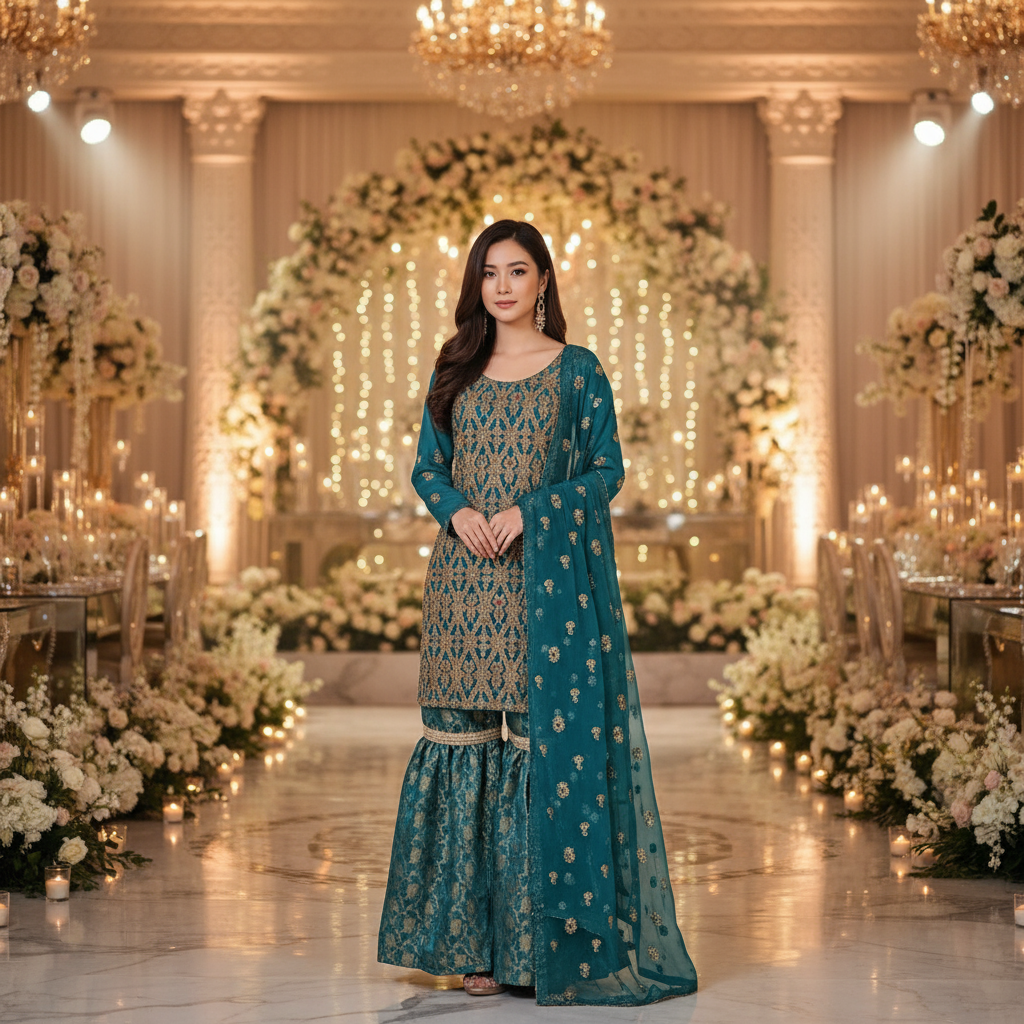 Black Fancy Chiffon Gharara Suit with Banarsi Jamawar, Gharara-002