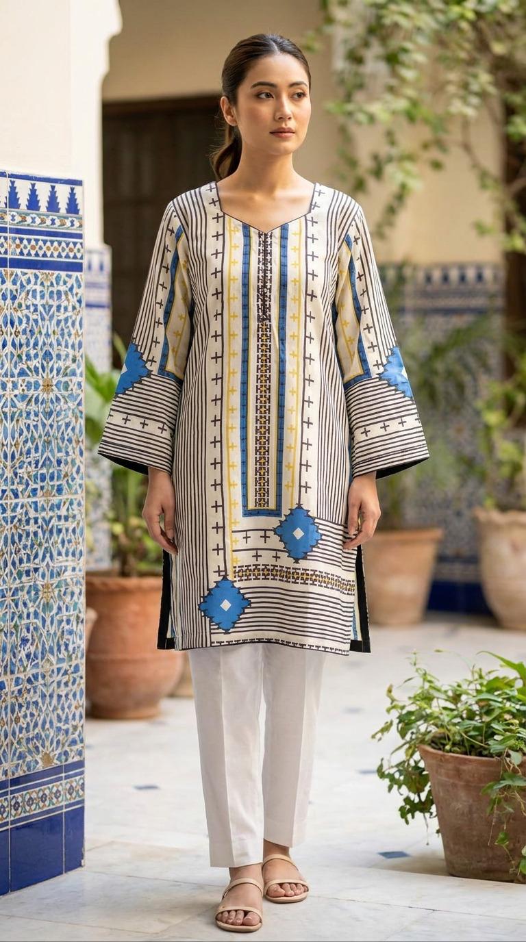 Cream and Blue Printed Linen Kurti KF-1194