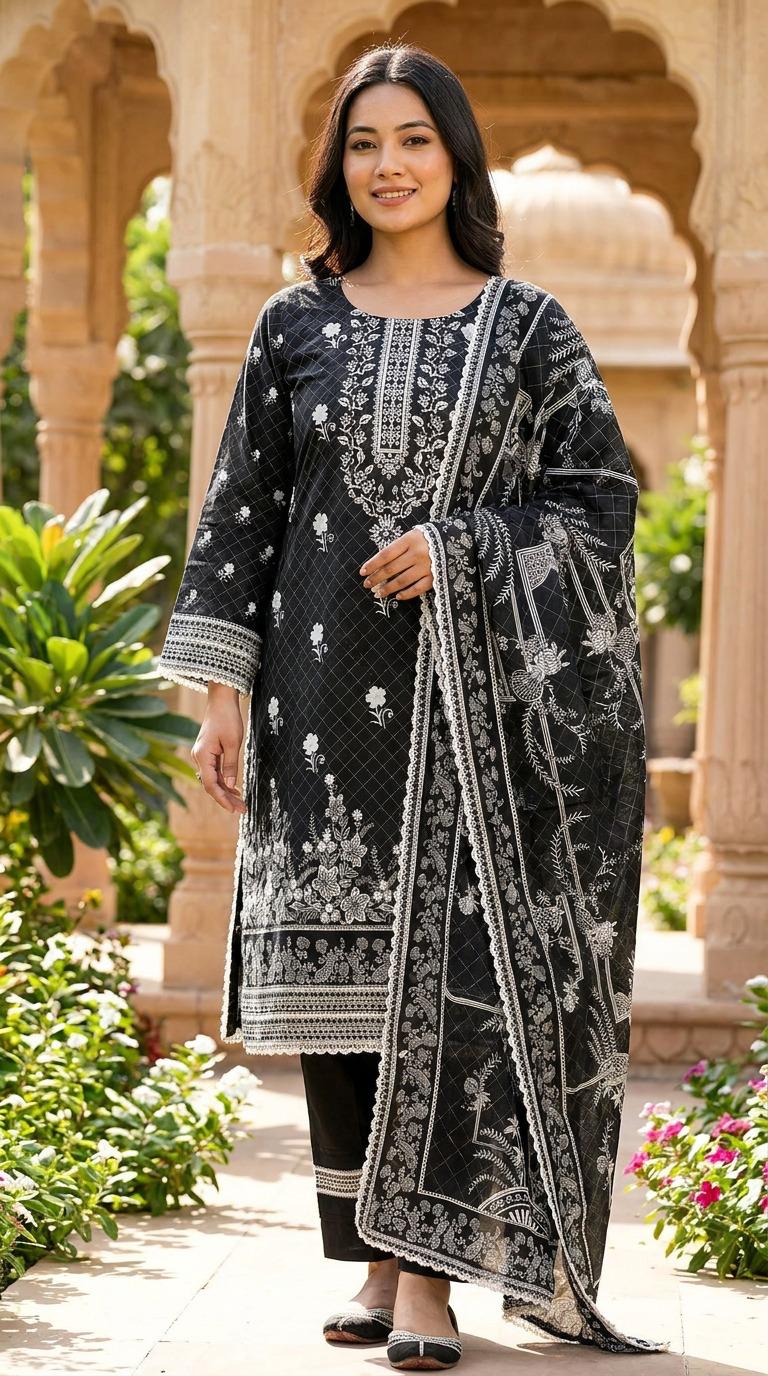 Black and White Floral Embroidered Lawn 3 Piece Suit KF-1195