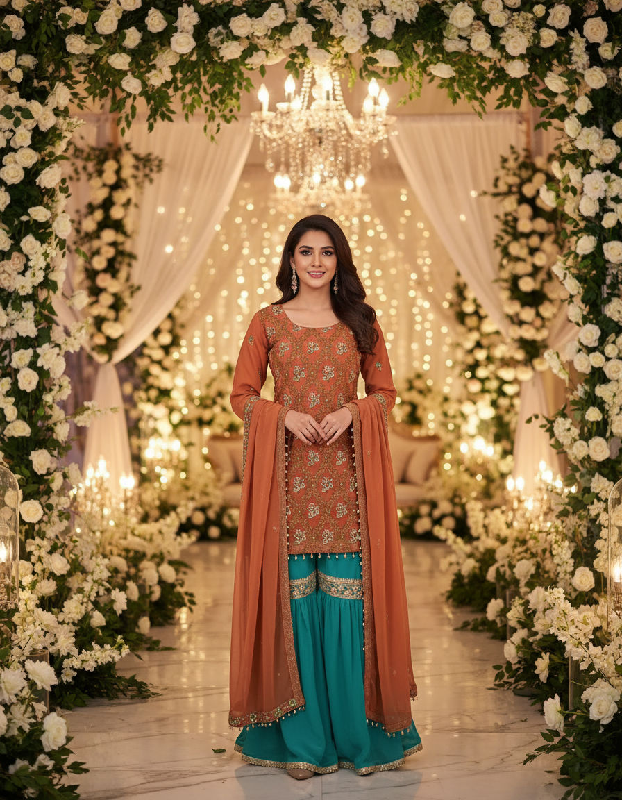 Mehndi Green Chiffon Gharara Suit with Shocking Pink Jamawar, Gharara-031