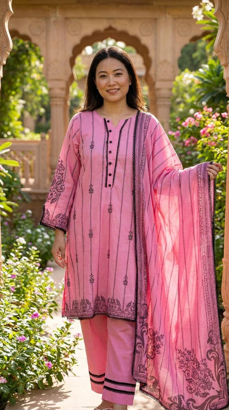 Pink Striped Print Lawn 3 Piece Suit with Jacquard Lawn Dupatta KF-1198