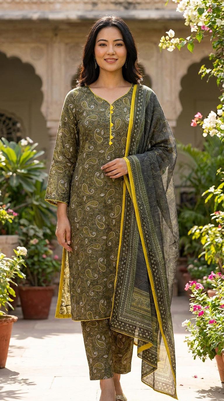 Olive Green Doria Lawn Printed 3 Piece Suit with Mustard Border KF-1201