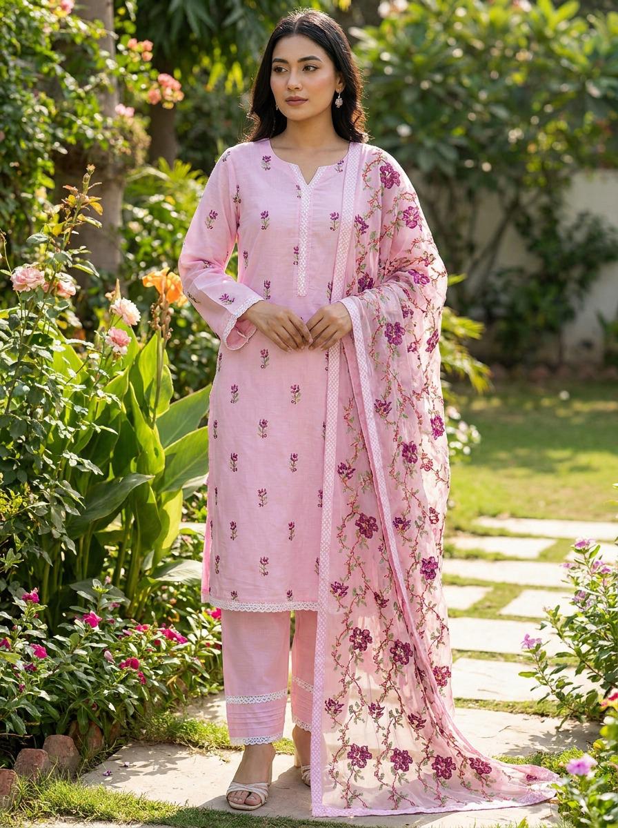Pink Embroidered Lawn 3 Piece Suit with Chiffon Dupatta KF-1246