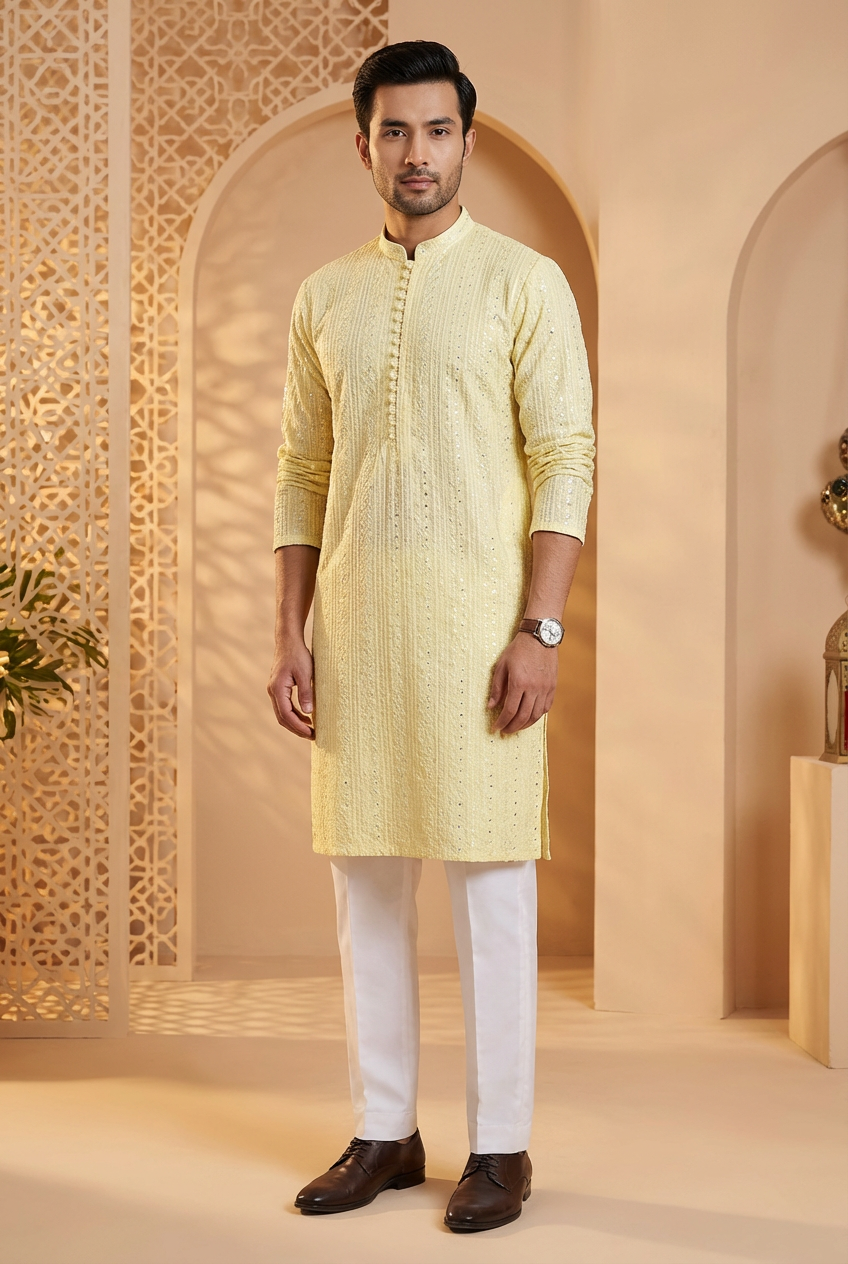 Men's Pale Yellow Embroidered Raw Silk Kurta Party Suit KF-15