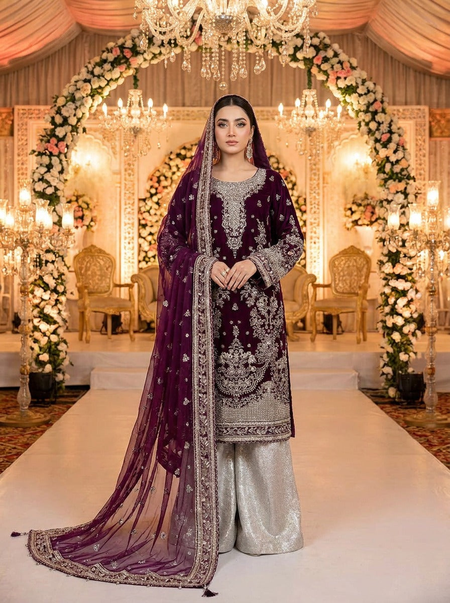 Plum Purple Chiffon Suit with Silver Moonlight Palazzo KF-943