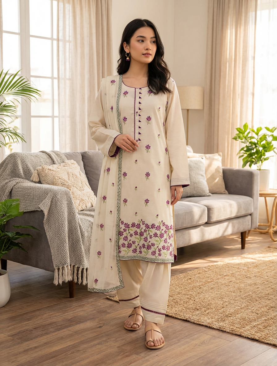 Ivory Lawn 3 Piece Suit with Purple Embroidery and Chiffon Dupatta KF-9108