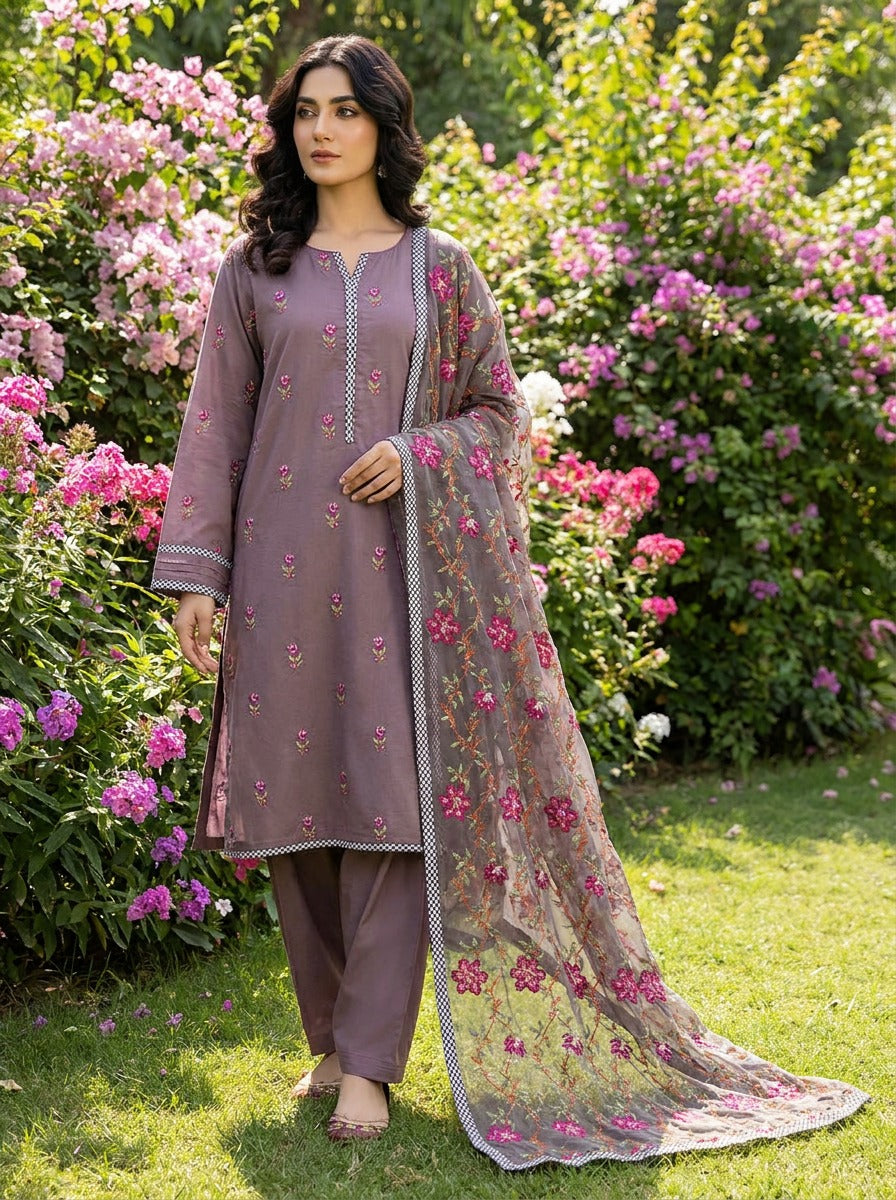 Mauve Machine Embroidered Lawn Suit with Floral Chiffon Dupatta KF-1074