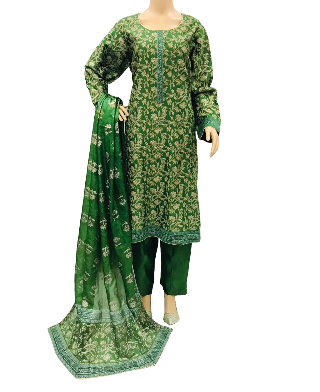 Parrot Green Block Print Khadi Net 3 Piece Suit with Silk Dupatta KF-519