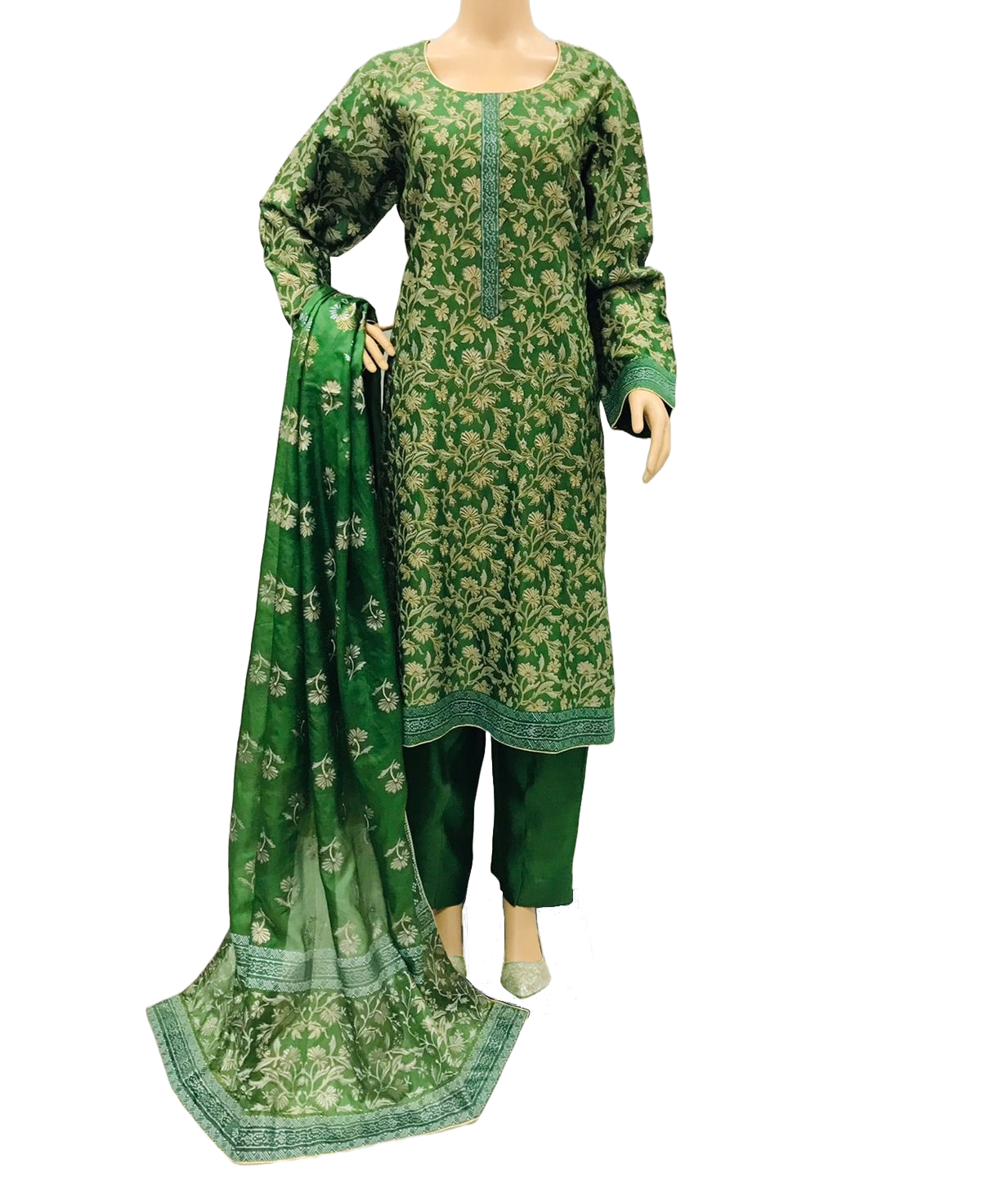 Parrot Green Block Print Khadi Net 3 Piece Suit with Silk Dupatta KF-519