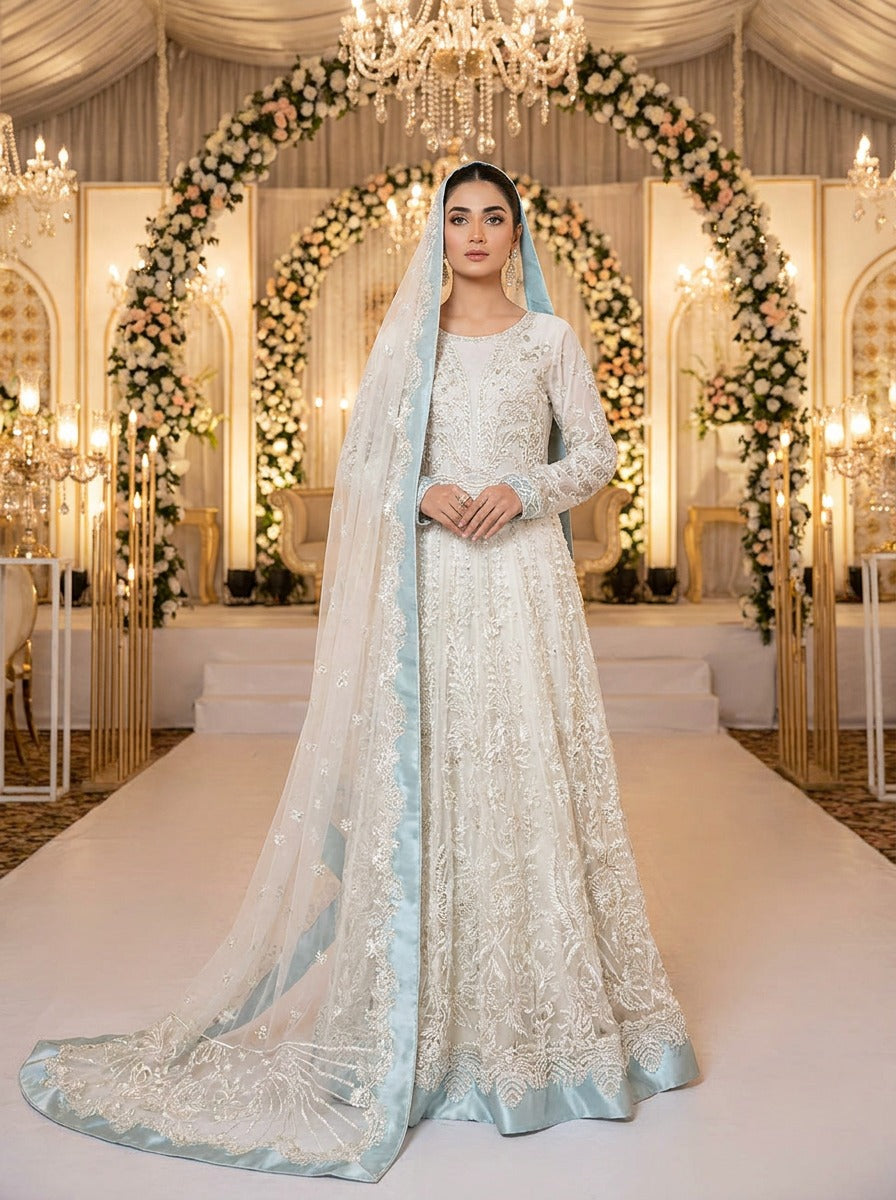Ivory Party Wear Maxi with Pale Blue Dupatta KF-944