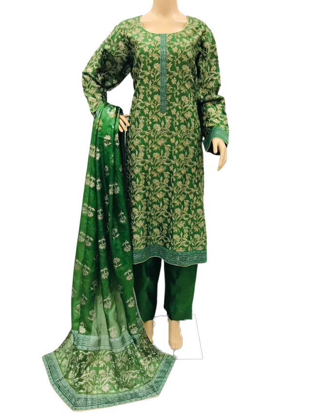 Parrot Green Block Print Khadi Net 3 Piece Suit with Silk Dupatta KF-9021