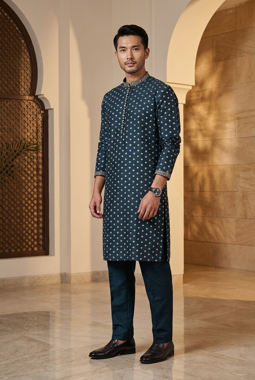 Men's Teal Green Embroidered Raw Silk Kurta Party Suit KF-50