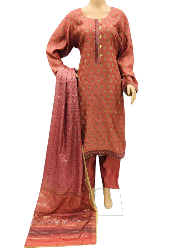 Rust Block Print Khadi Net 3 Piece Suit with Silk Dupatta KF-9022