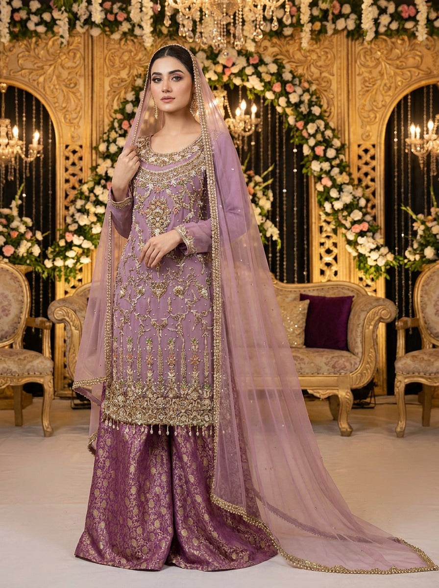 Lilac Handwork Net Suit with Jamawar Palazzo KF-945