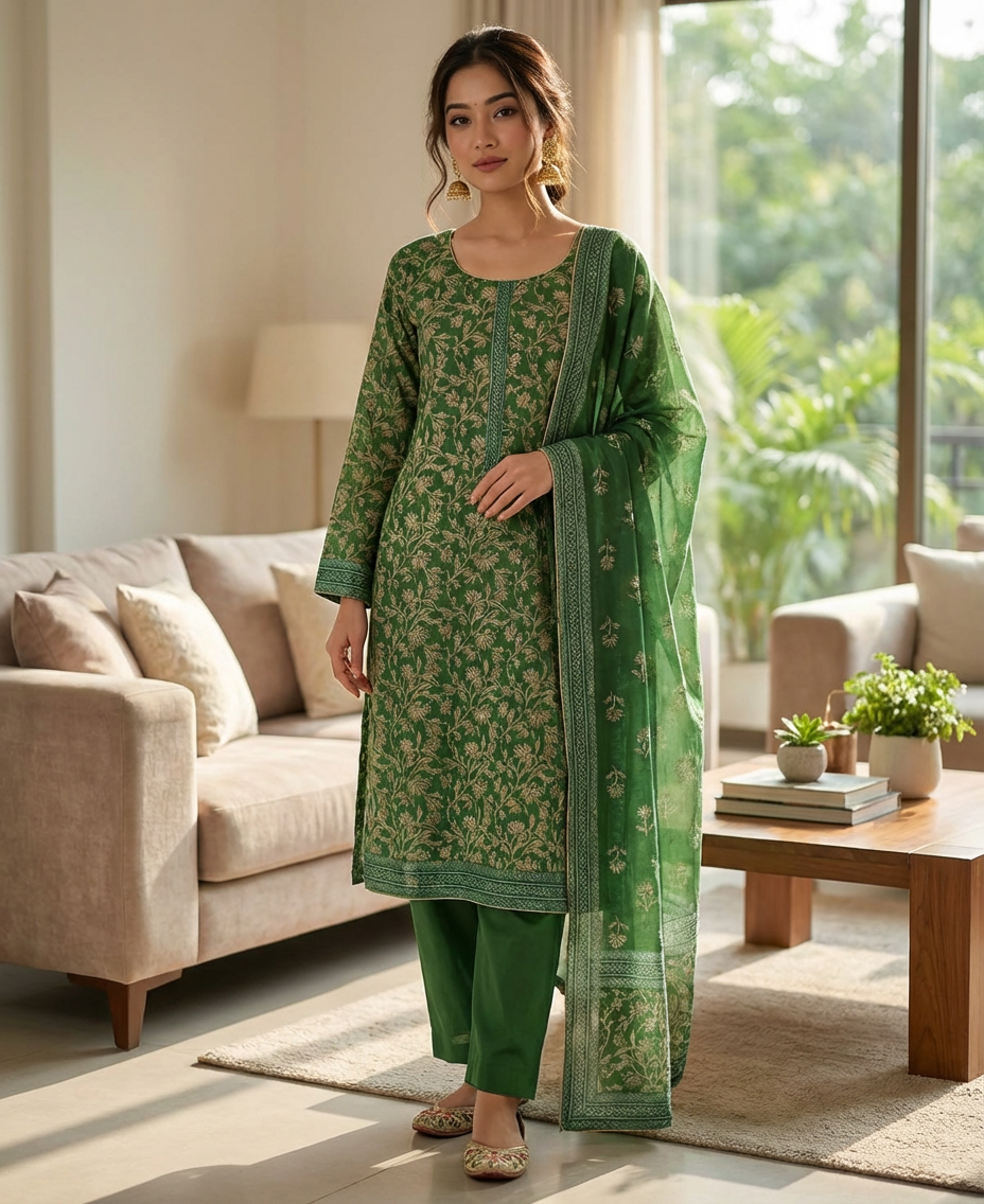 Parrot Green Block Print Khadi Net 3 Piece Suit with Silk Dupatta KF-519