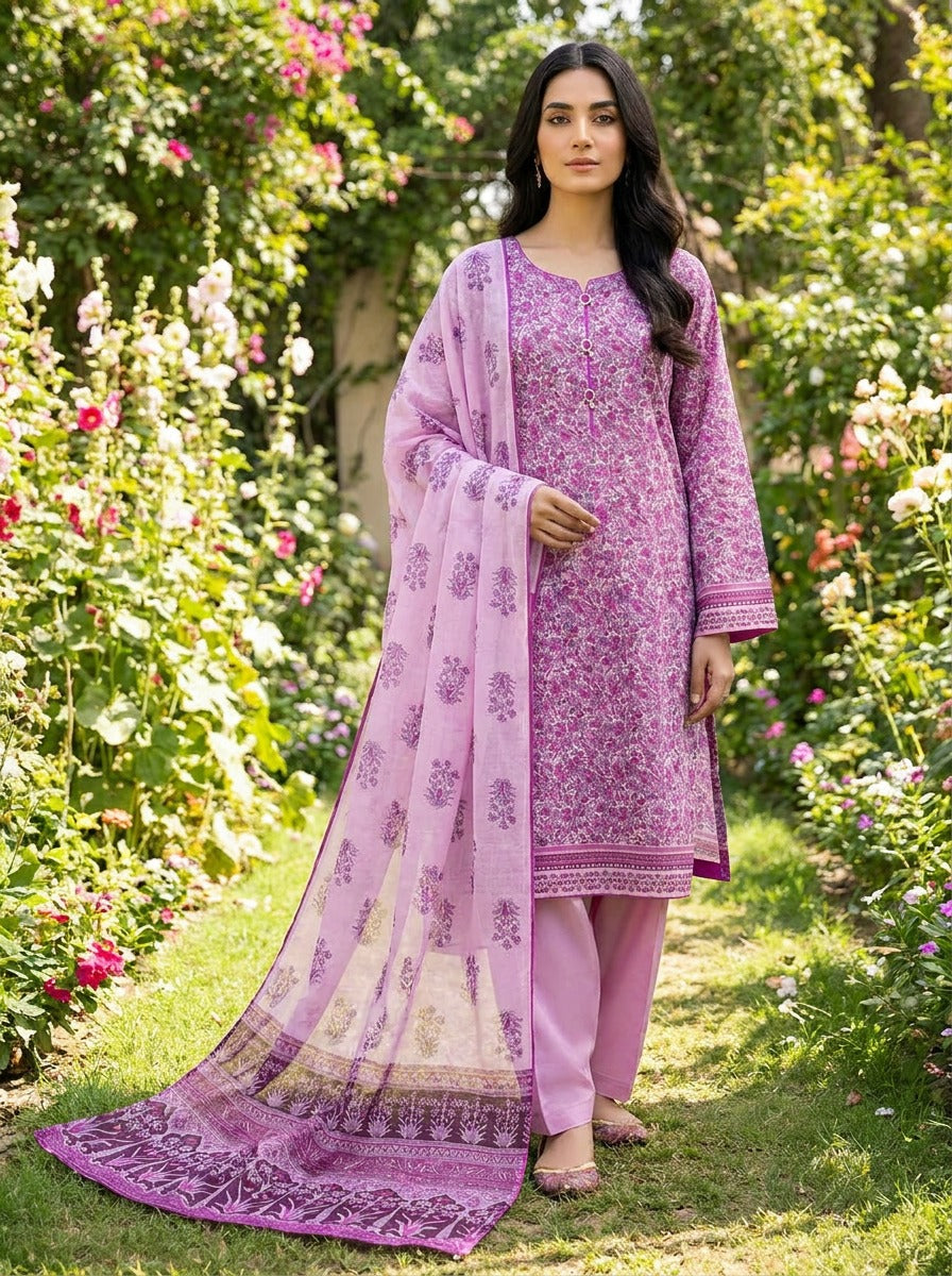 Lilac Pure Printed Lawn Suit with Dori Piping KF-1076