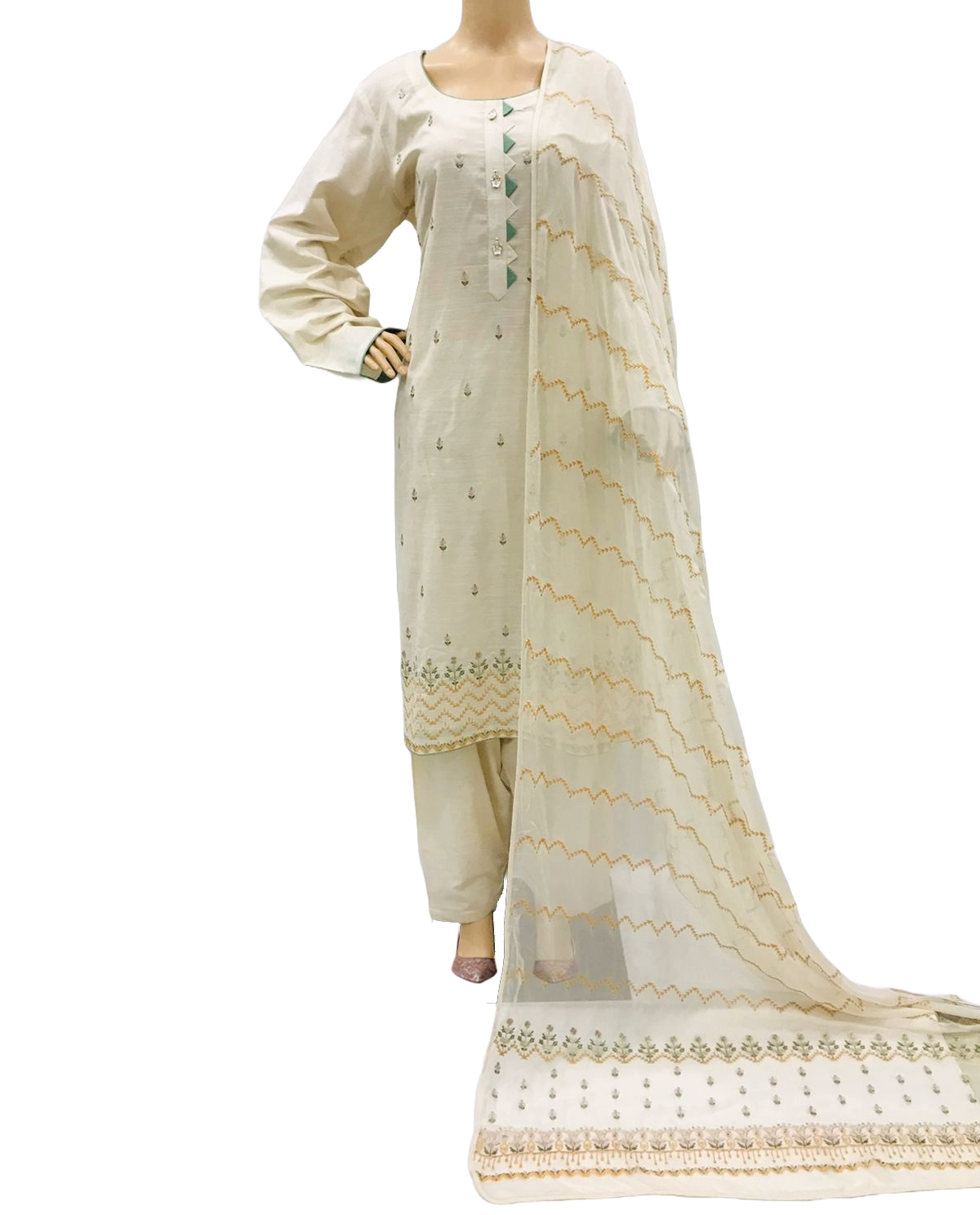 Off White Embroidered Lawn 3 Piece Suit with Chiffon Dupatta KF-533