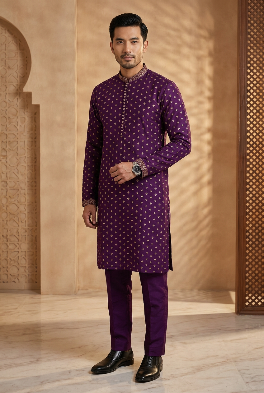 Men's Purple Embroidered Raw Silk Kurta Party Suit KF-45