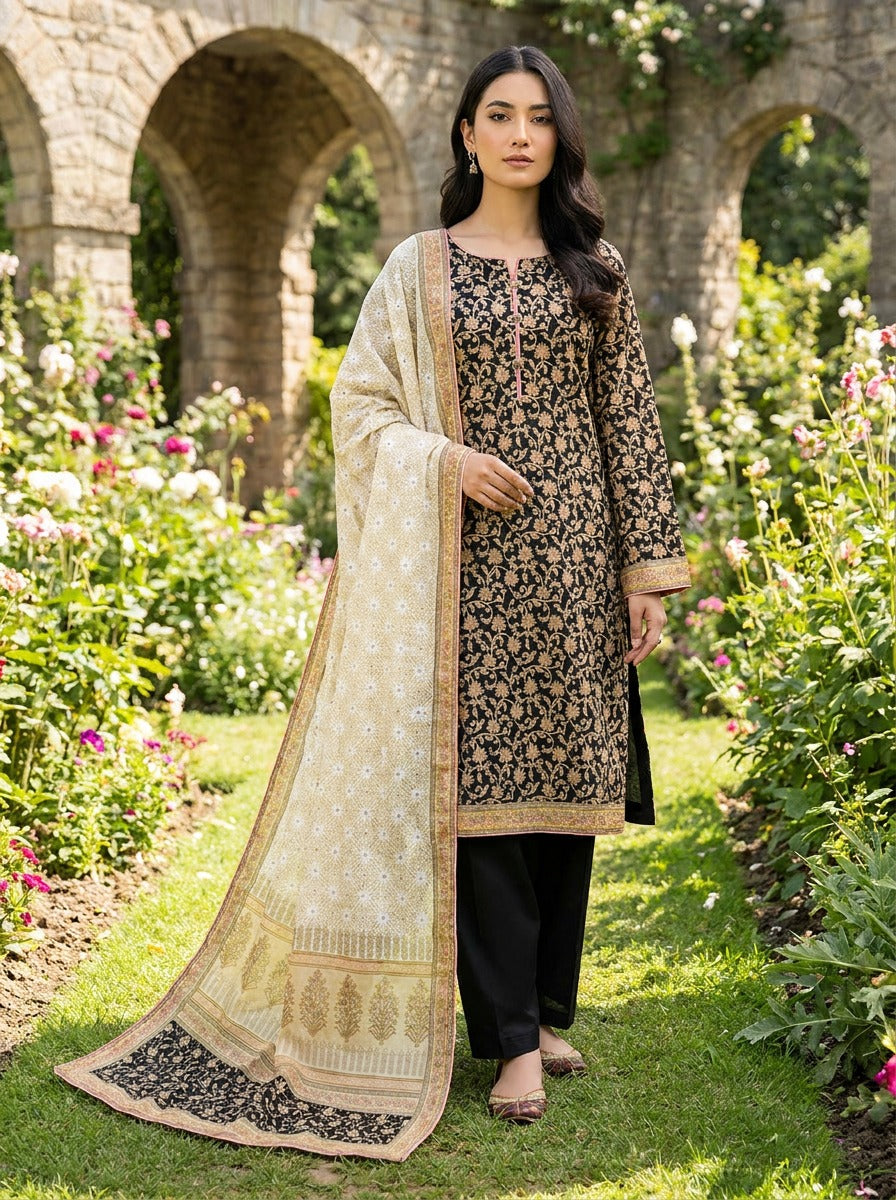 Black Printed Lawn Suit with Gold Floral Dupatta KF-1077