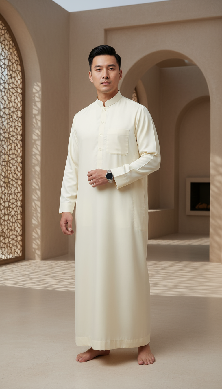 Men's Cream Thobe with Mandarin Collar, Thawb-015