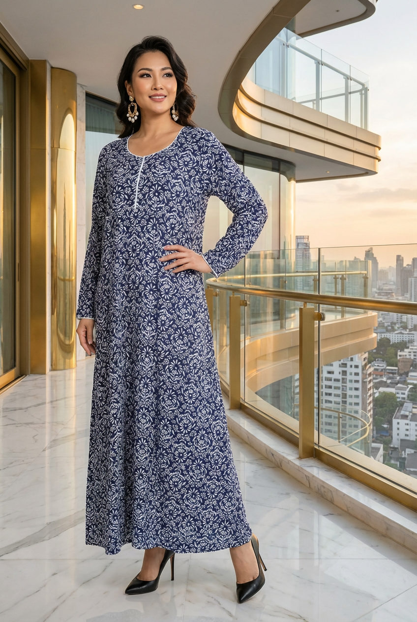 Navy Blue Ditsy Floral Print Linen Maxi Dress KF-238