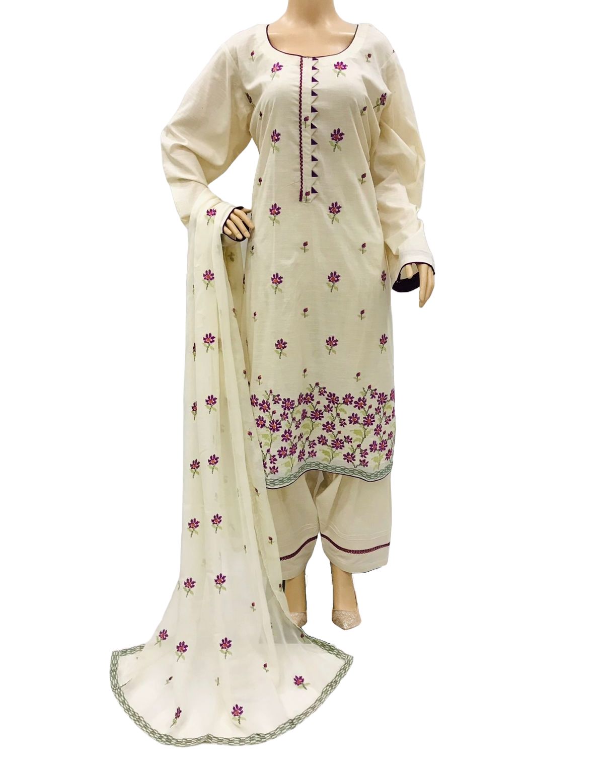 Ivory Embroidered Lawn Suit with Purple Work and Chiffon Dupatta KF-531