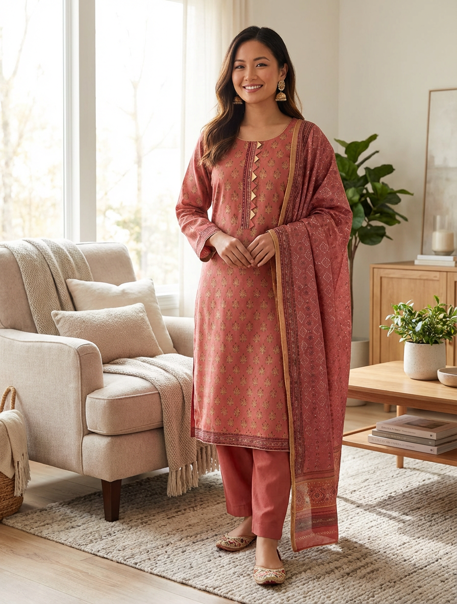 Rust Block Print Khadi Net 3 Piece Suit with Silk Dupatta KF-520