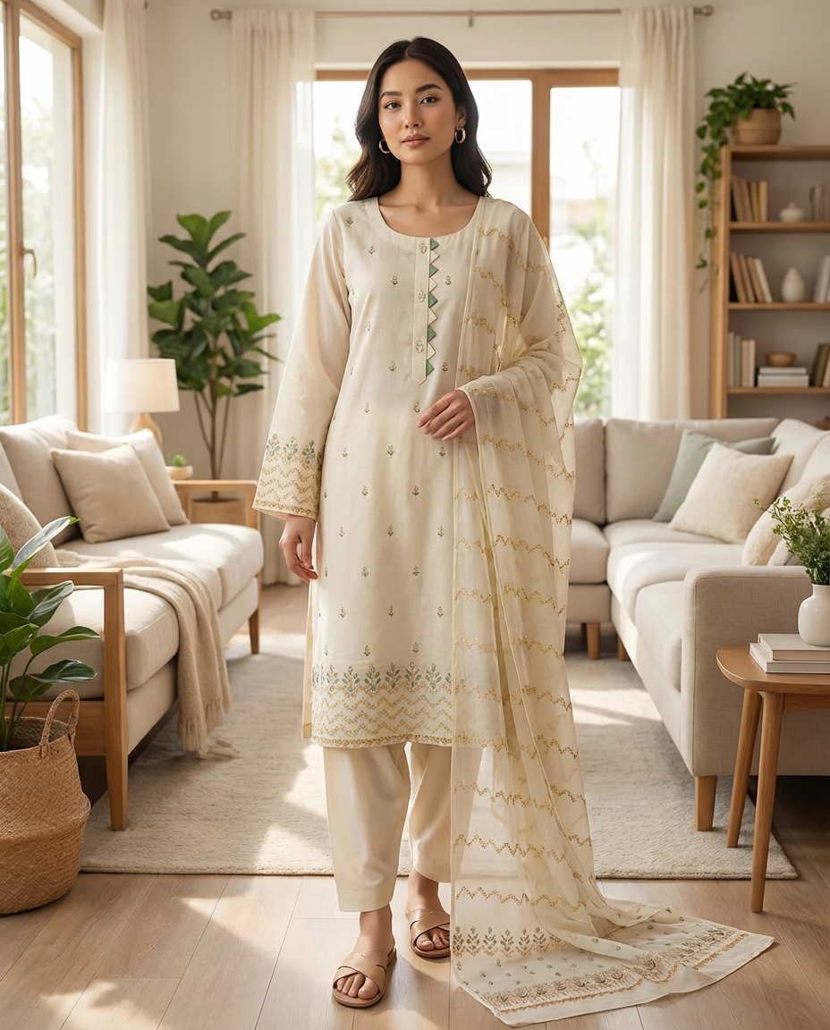 Off White Embroidered Lawn 3 Piece Suit with Chiffon Dupatta KF-533