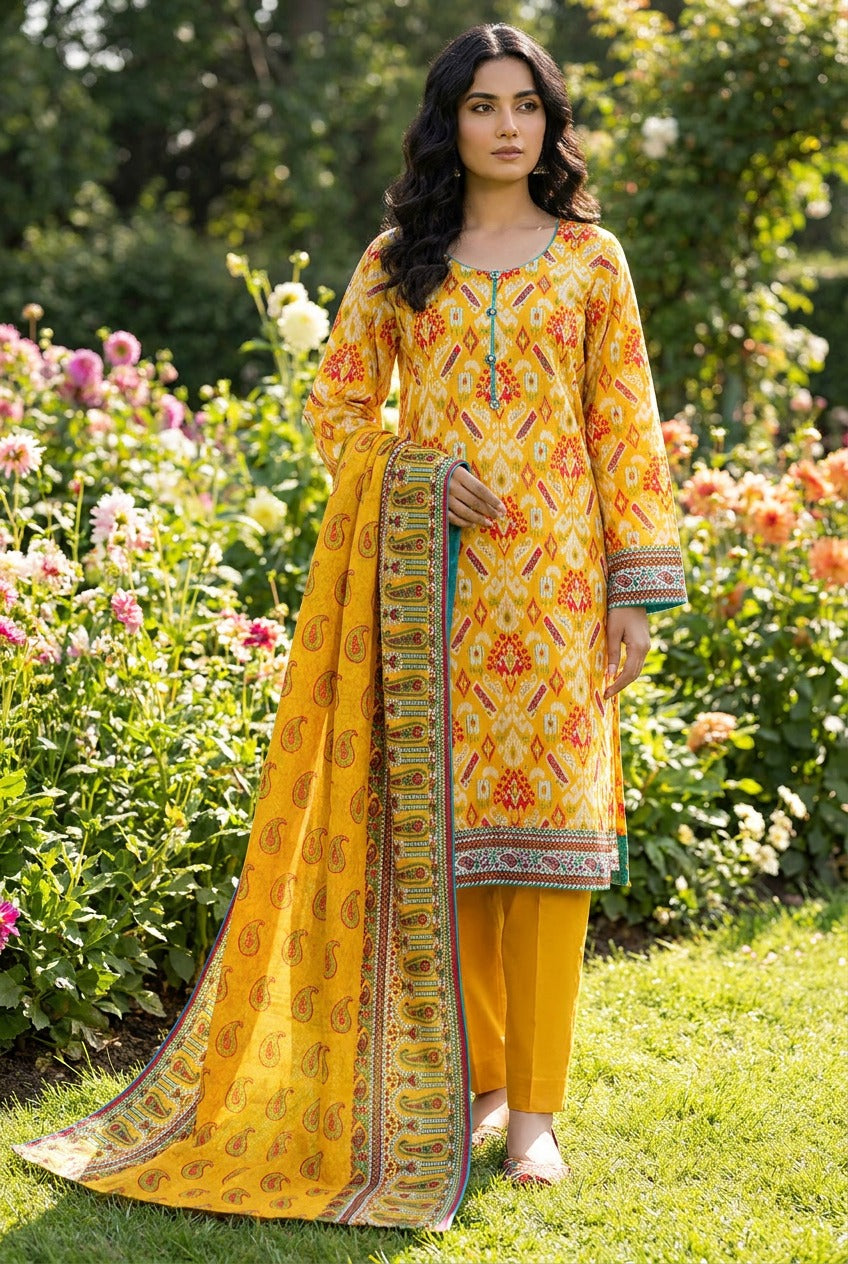 Mustard Yellow Ikat Print Lawn 3 Piece Suit with Printed Dupatta, 3 pcs 003