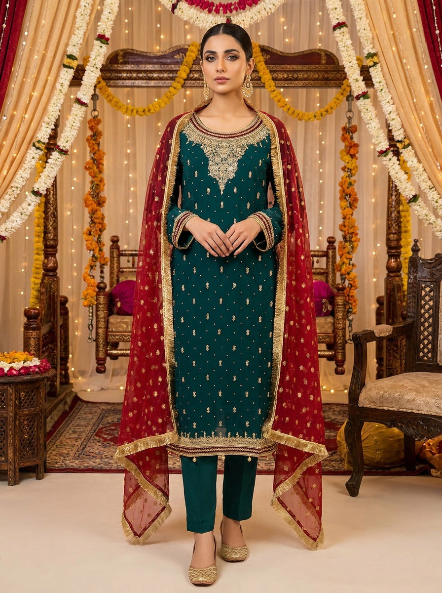 Dark Green Hand Work Chiffon Suit with Red Dupatta and Raw Silk Trouser KF-27184