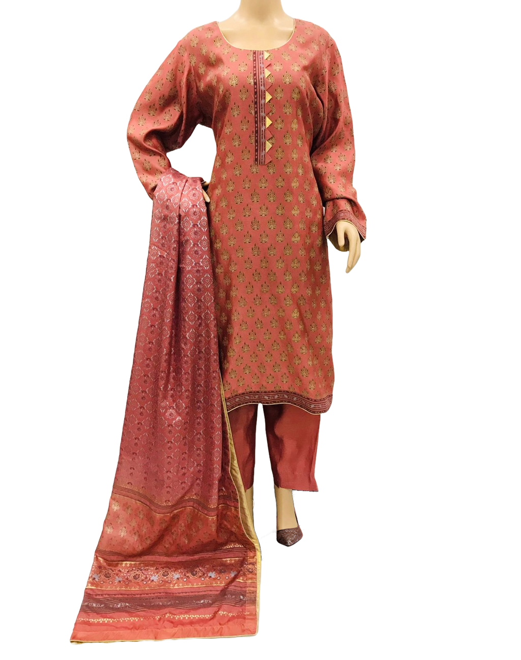 Rust Block Print Khadi Net 3 Piece Suit with Silk Dupatta KF-520