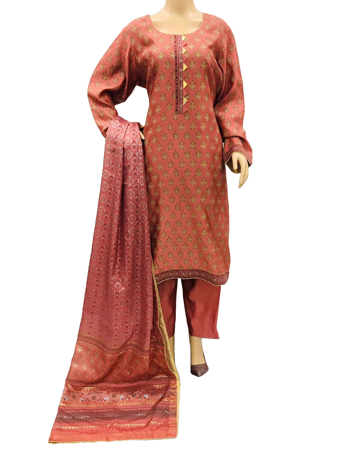 Rust Block Print Khadi Net 3 Piece Suit with Silk Dupatta KF-520