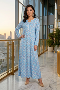 Light Blue Floral Print Linen Maxi Dress KF-400