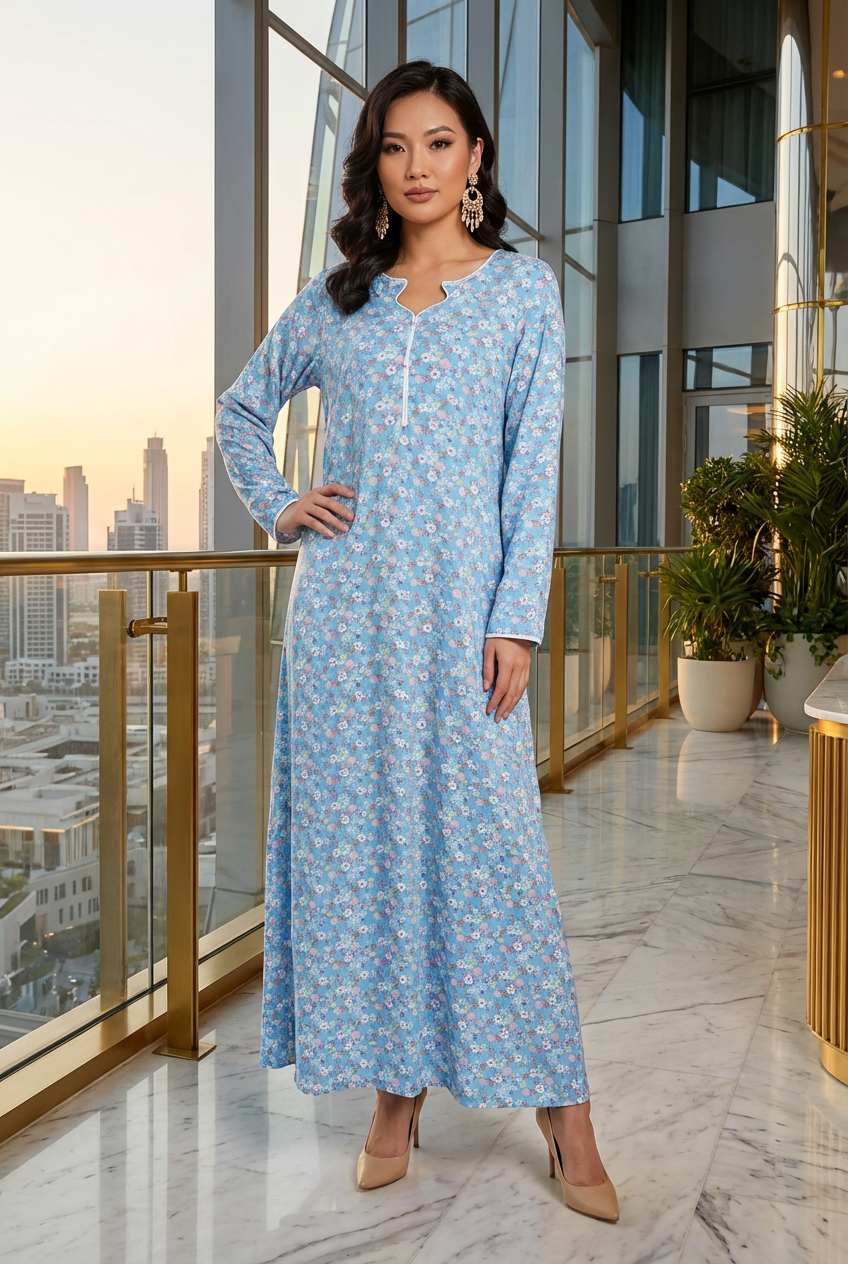 Light Blue Floral Print Linen Maxi Dress KF-400