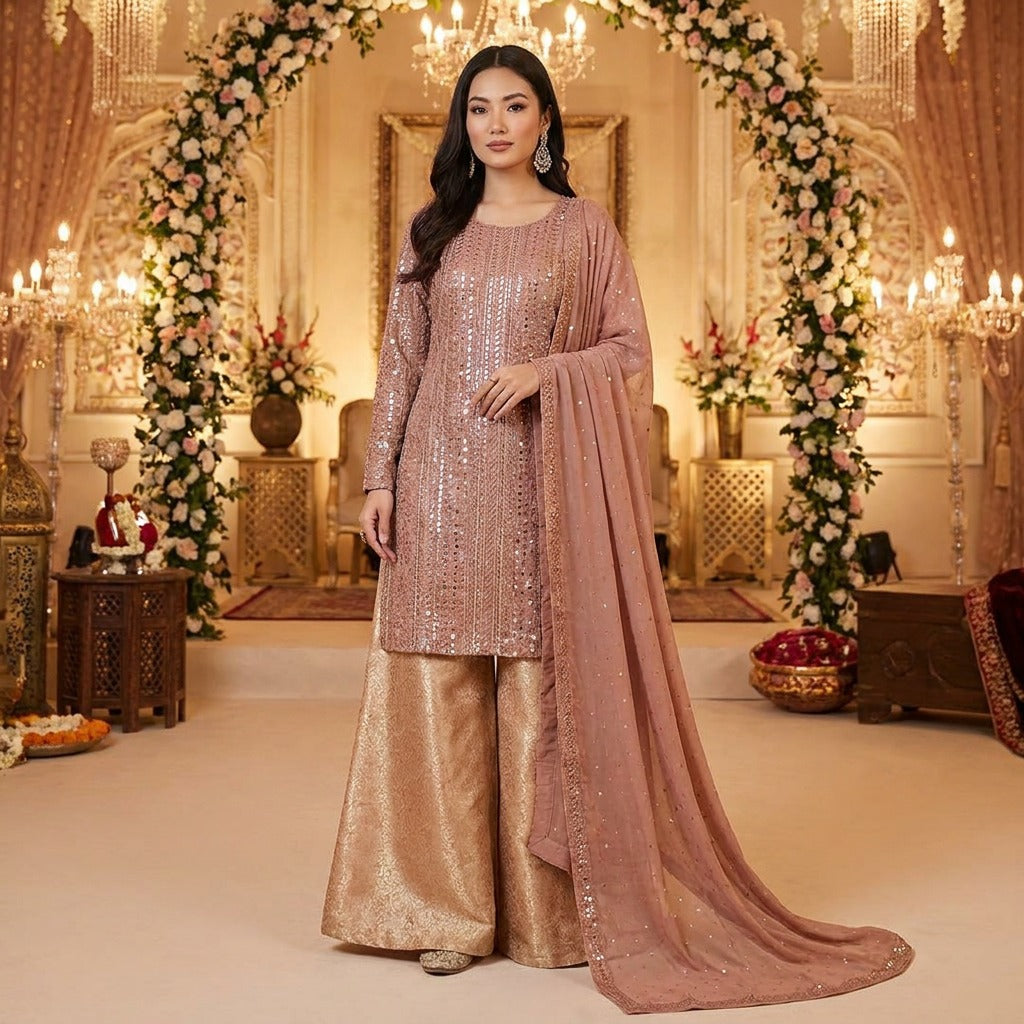 Rose Gold Sequence Chiffon Suit with Jamawar Palazzo KF-952