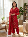 Red Lawn Block Print 3 Piece Suit with Block Print Silk Dupatta KF-527