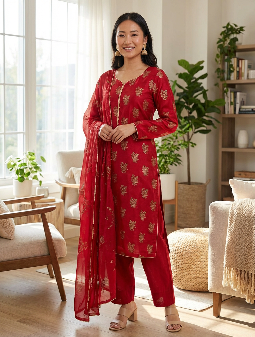 Red Lawn Block Print 3 Piece Suit with Block Print Silk Dupatta KF-527