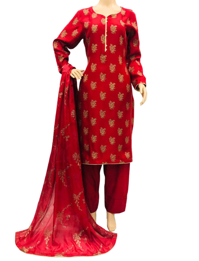 Red Block Print Lawn 3 Piece Suit with Gold Motifs KF-9011