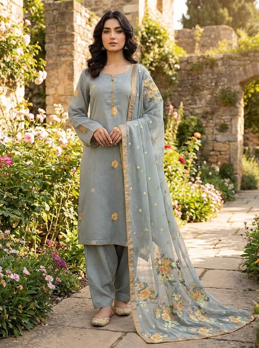 Powder Blue Self Lawn Cotton Suit with Embroidered Chiffon Dupatta KF-1062