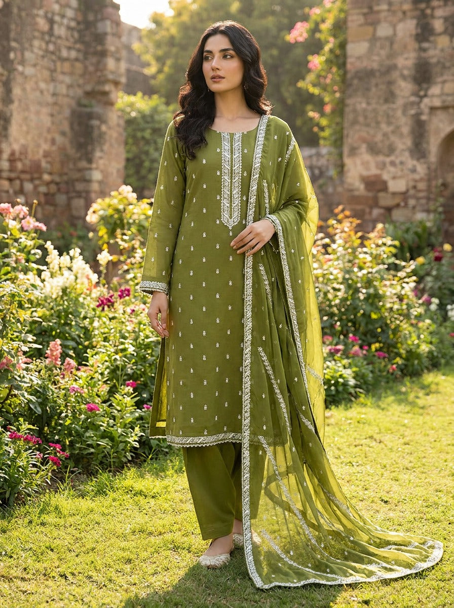 Olive Green Fully Embroidered Lawn Suit with Lace Work KF-1085
