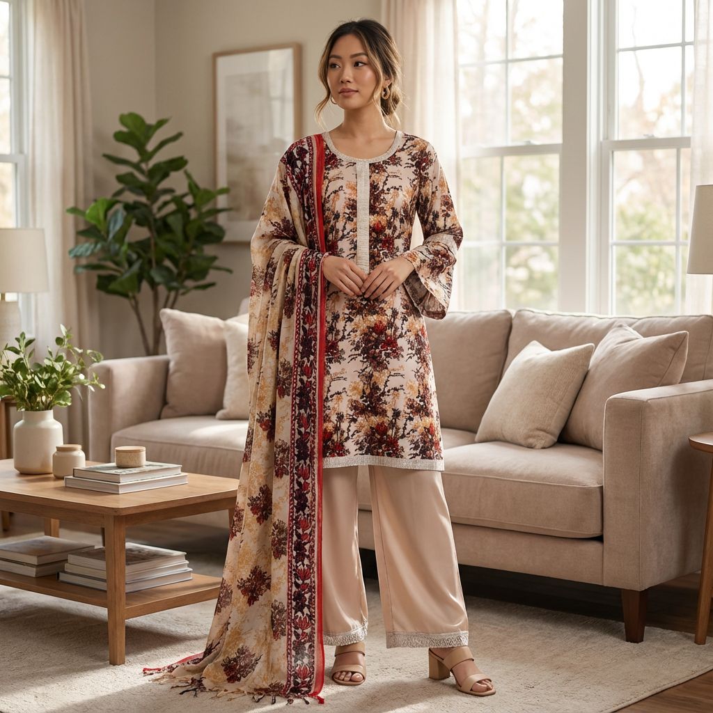 Cream Floral Marina Linen Suit with Embroidered Shawl, CD-069
