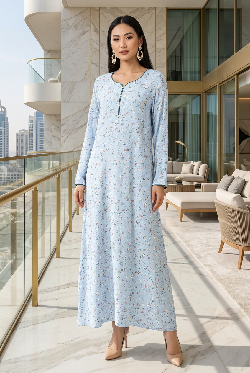 Sky Blue Ditsy Floral Print Georgette Maxi Dress KF-121